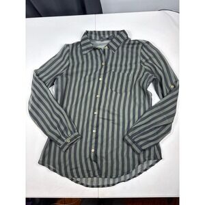 Olive Green Black Striped Sheer Blouse Roll Tab Sleeve Ltweight Dark Academia M